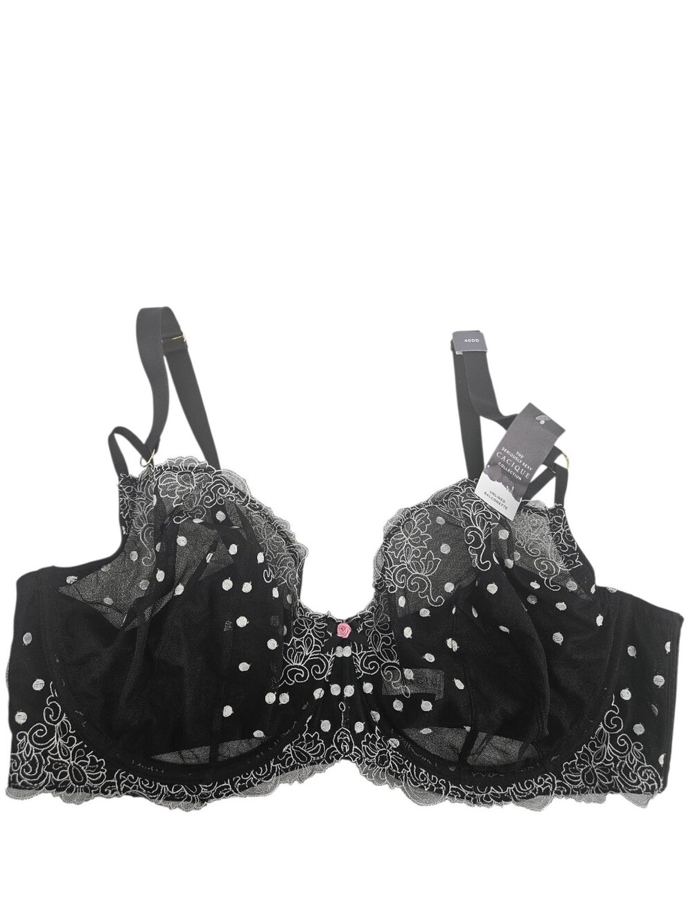 Cacique Black Mesh Floral Seriously Sexy Unlined Balconette Bra Size 46DD NWT